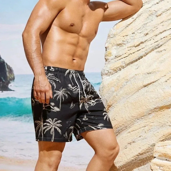 Black Vacation Style Men's Coconut Tree Print Swim Trunks - Picture 5 of 5